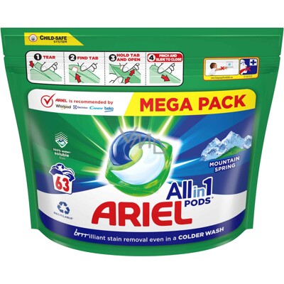 Ariel All in 1 Pods Gélové kapsuly Mountain Spring na pranie bielej a svetlej ...